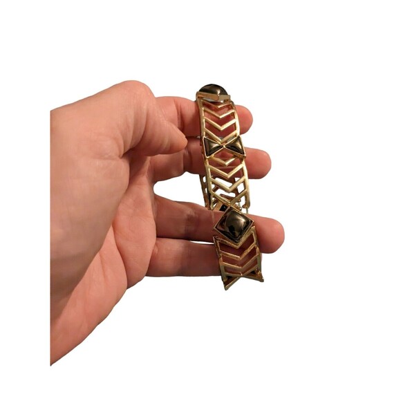 Chevron Gold Tone Costume Jewelry Cut Out Bracelet Smoke Gemstones Adjustable - Picture 3 of 13